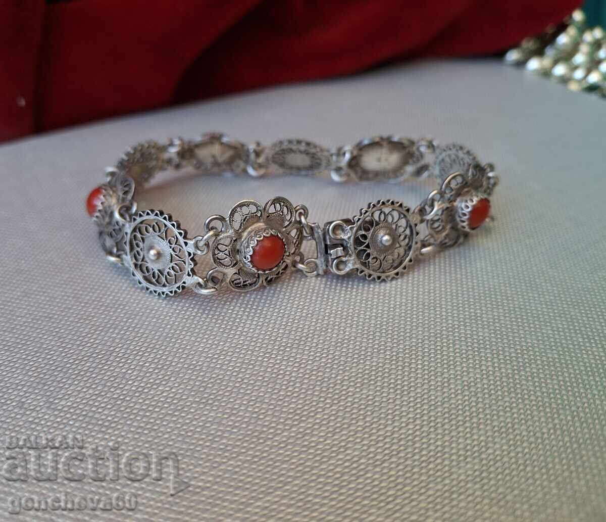 Stunning Antique Bracelet Silver 800, Filigree, Red Coral - 5