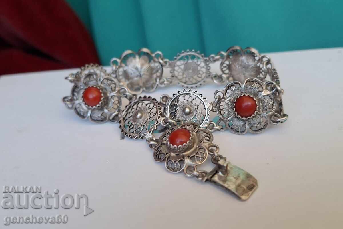 Stunning Antique Bracelet Silver 800, Filigree, Red Coral