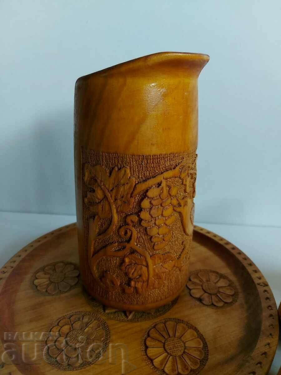 . WOODEN WINE SERVICE HUNTING MOTIFS JUG TRAY WOOD CARVING - 5