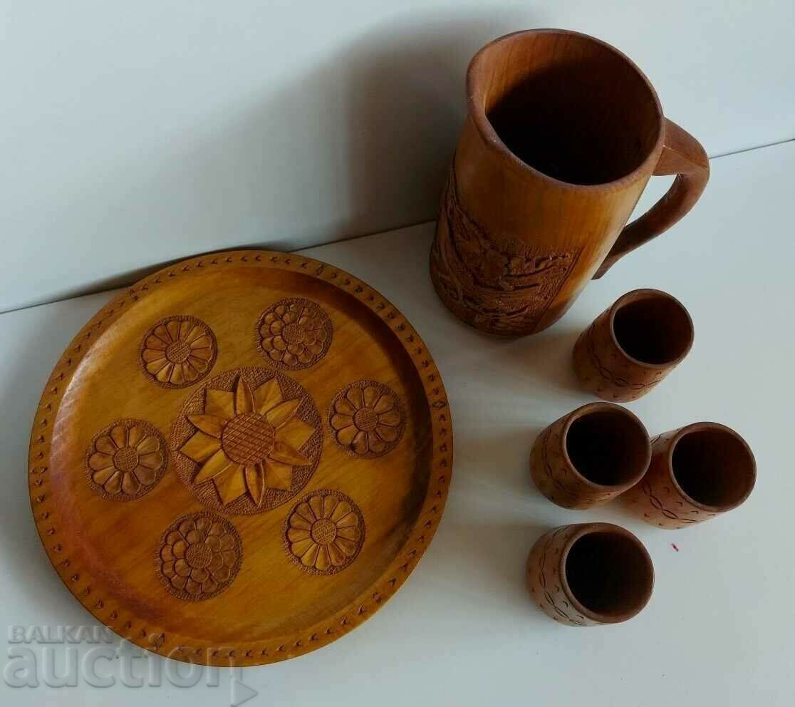 . WOODEN WINE SERVICE HUNTING MOTIFS JUG TRAY WOOD CARVING - 7
