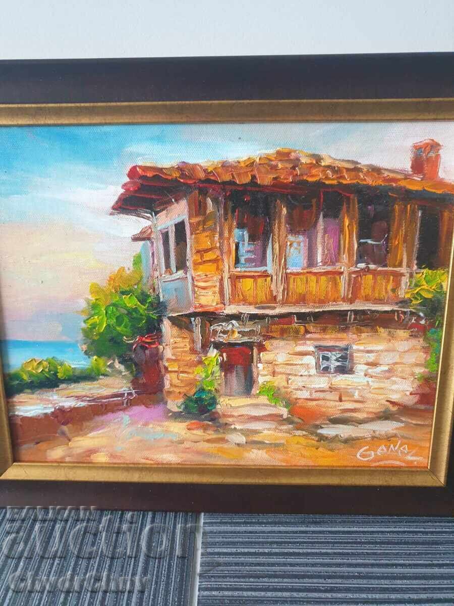 Bulgarian oil painting on canvas / Dimitar Genev / rural landscape with price 200.00 BGN | € 102.26