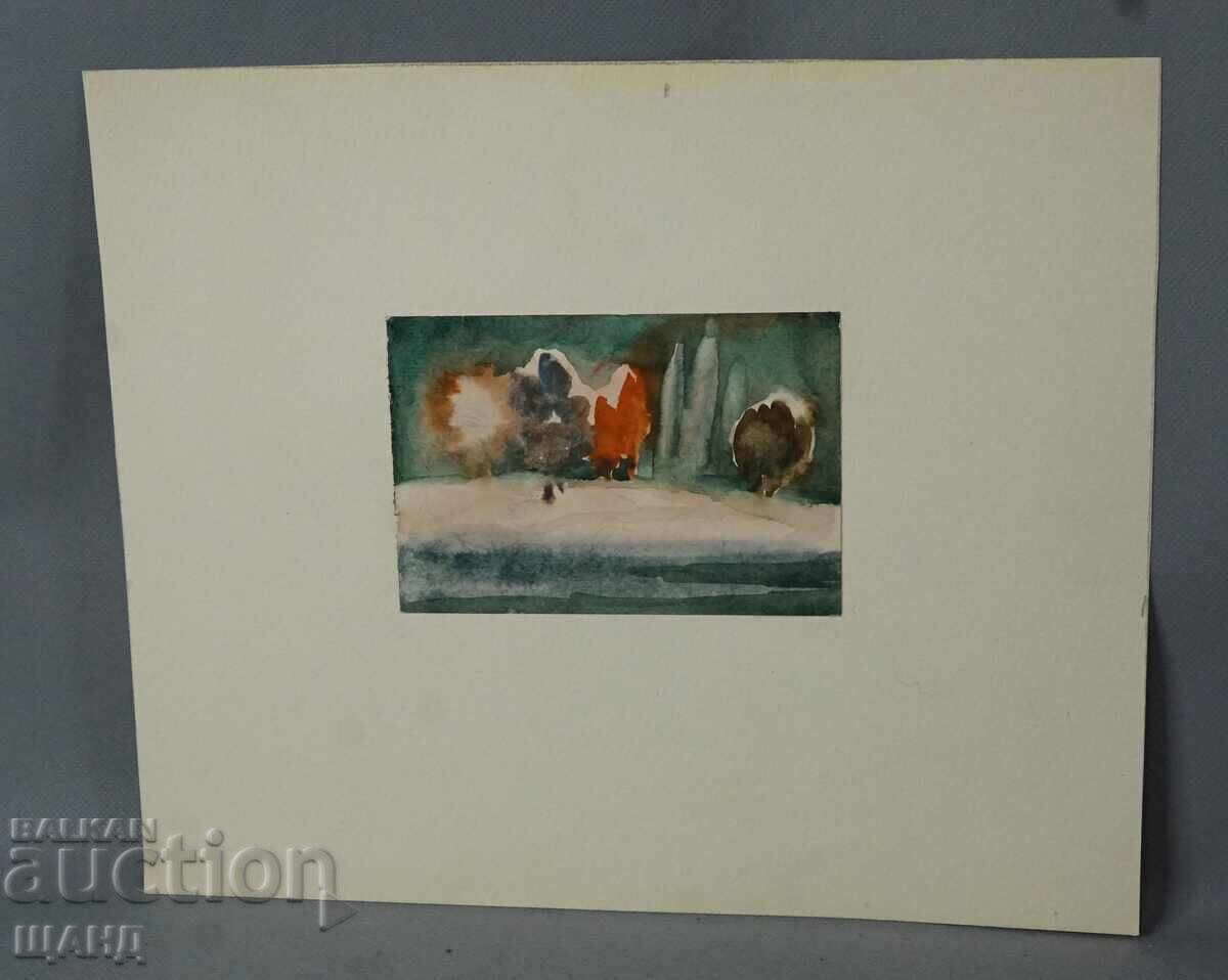 Veche pictură de maestru, acuarelă, peisaj, copaci Veche pictură de maestru, acuarelă, peisaj, copaci