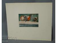 Veche pictură de maestru, acuarelă, peisaj, copaci