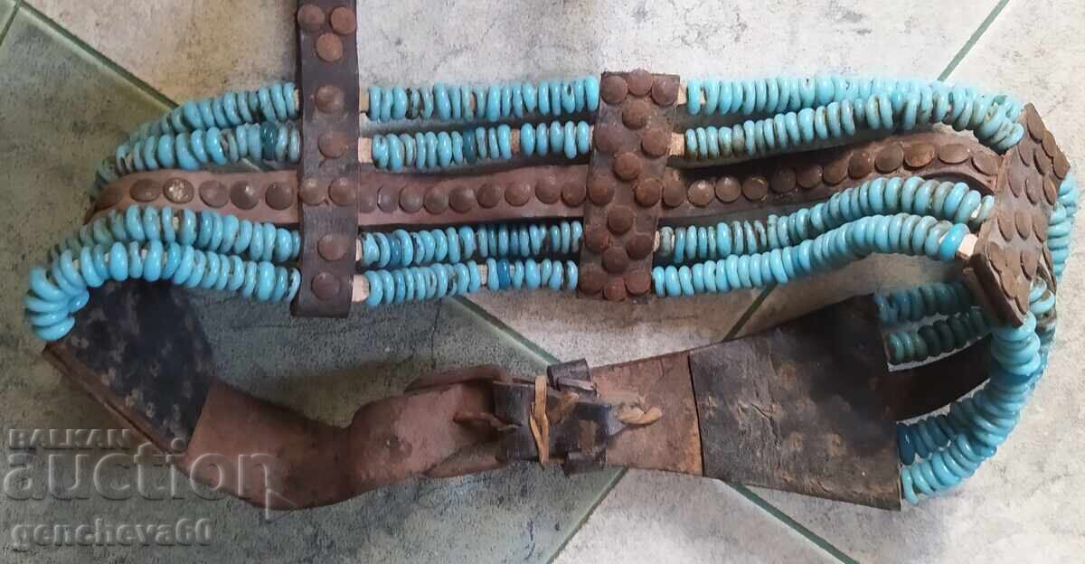 Old horse harness - belt of blue glass beads - 7