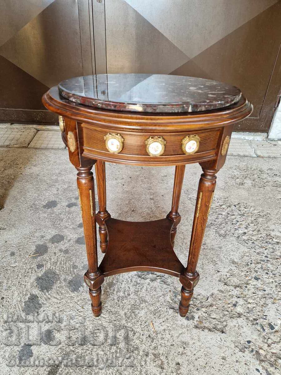Wonderful antique French solid wood table with marble top - 6
