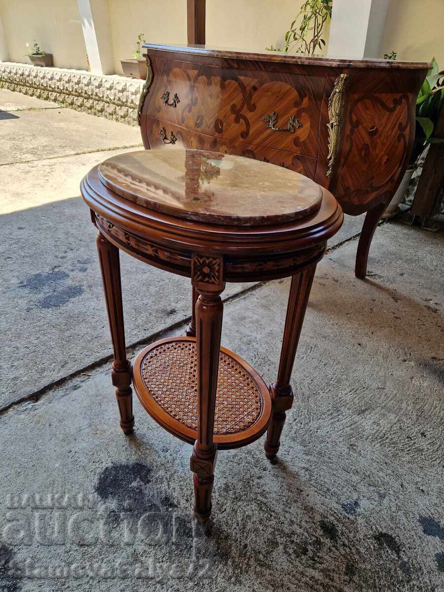 Уникална антикварна дървена масичка с ратан и мраморен плот - 5