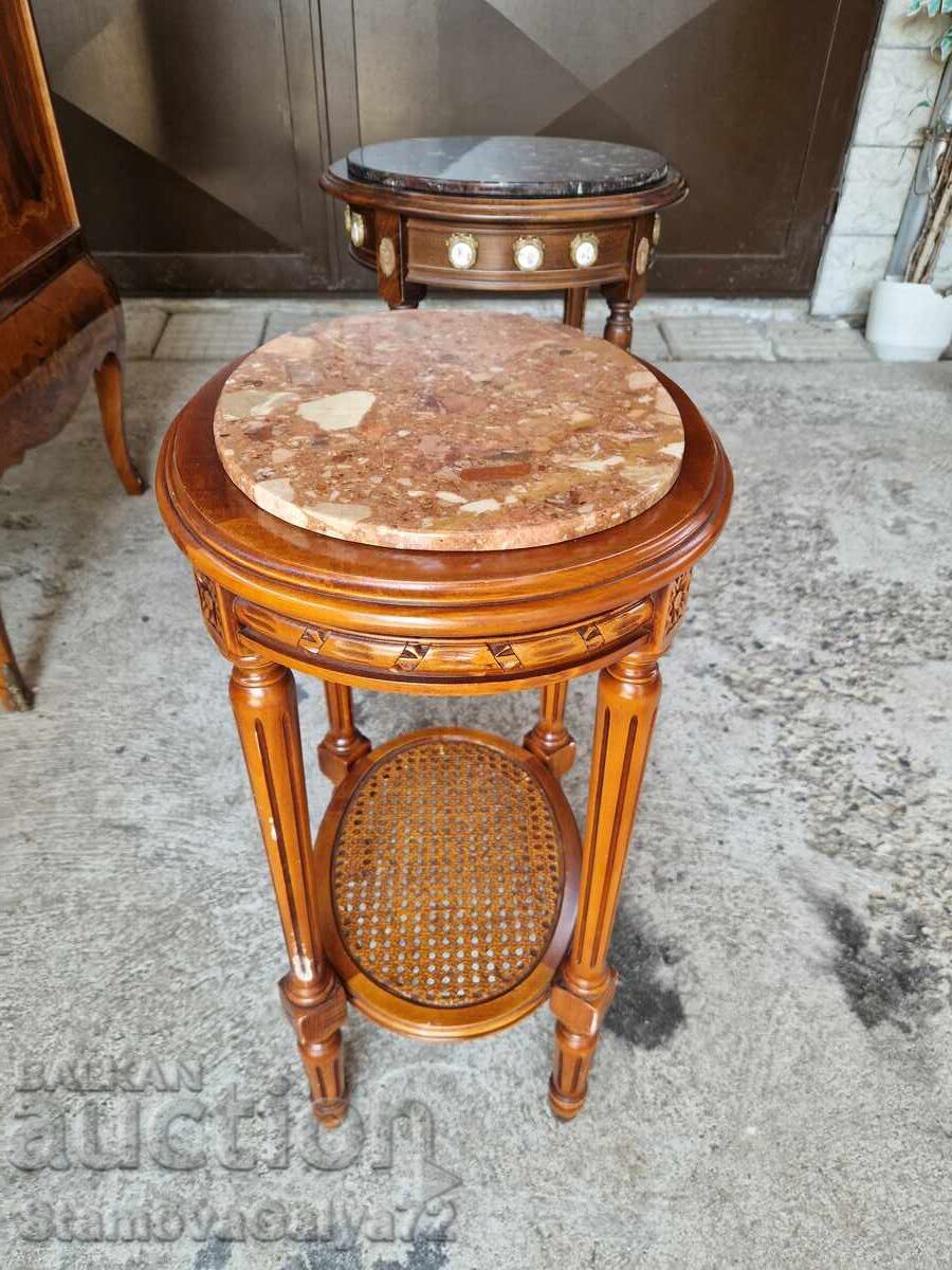 Уникална антикварна дървена масичка с ратан и мраморен плот - 6