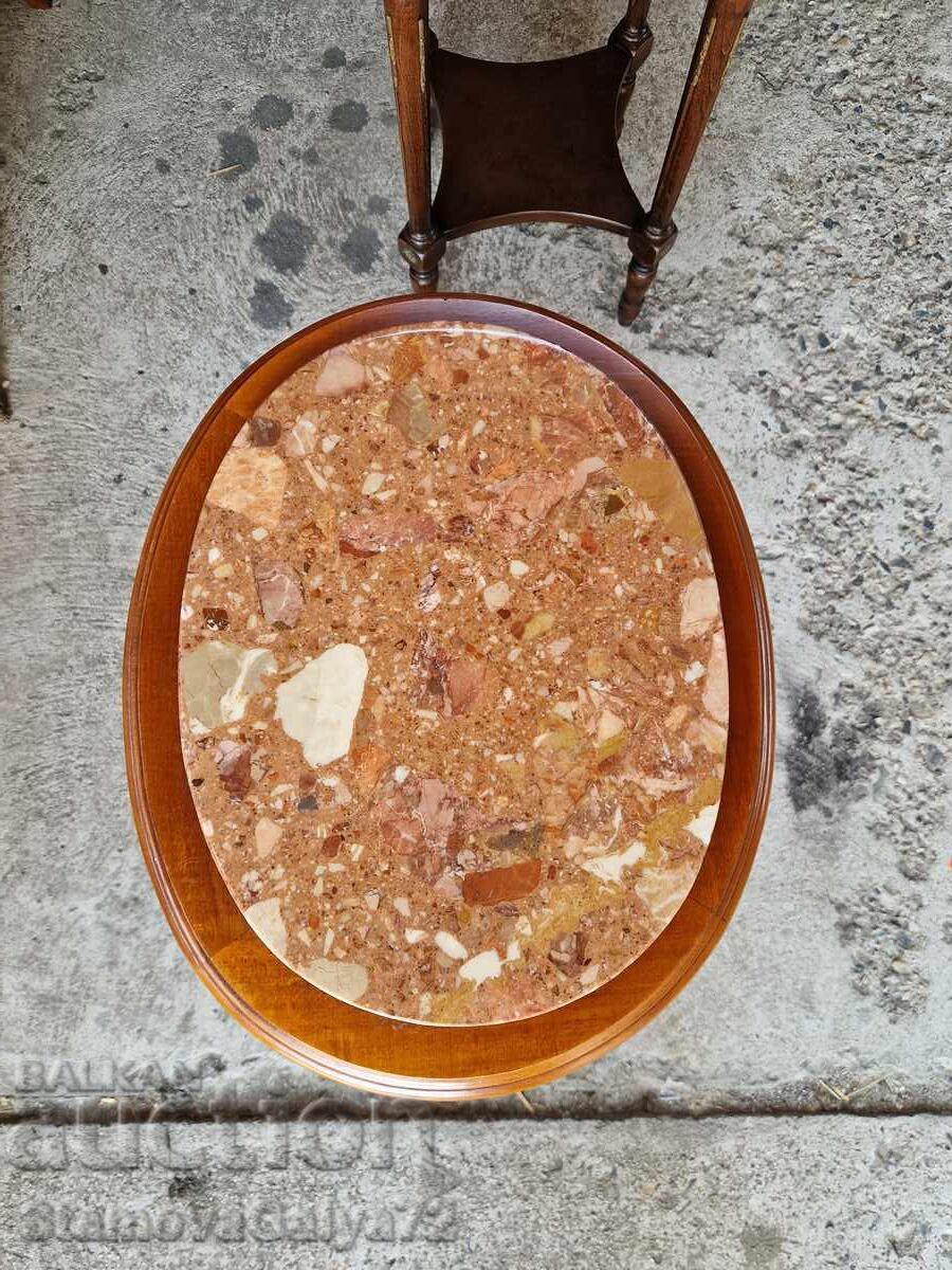 Уникална антикварна дървена масичка с ратан и мраморен плот - 7