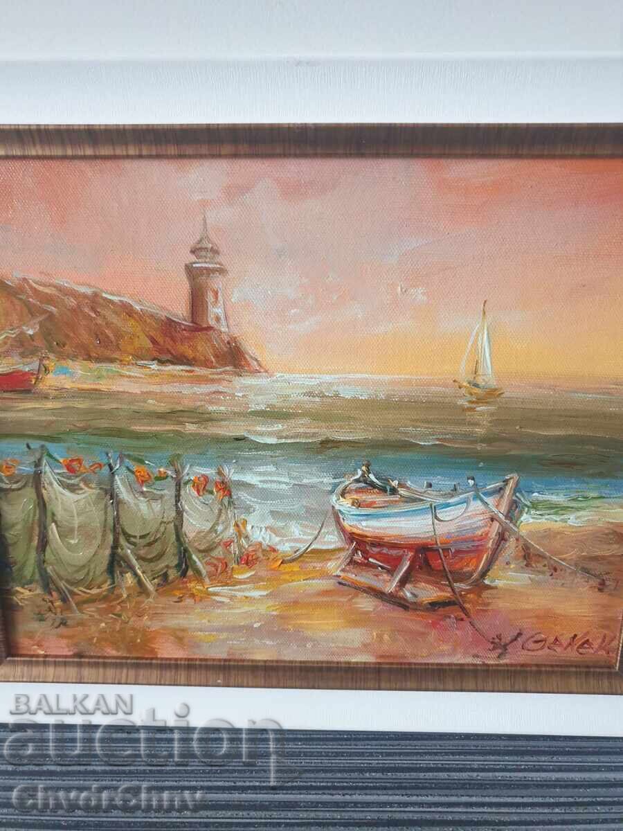 Bulgarian oil painting on canvas / Dimitar Genev / seascape with price 250.00 BGN | € 127.82