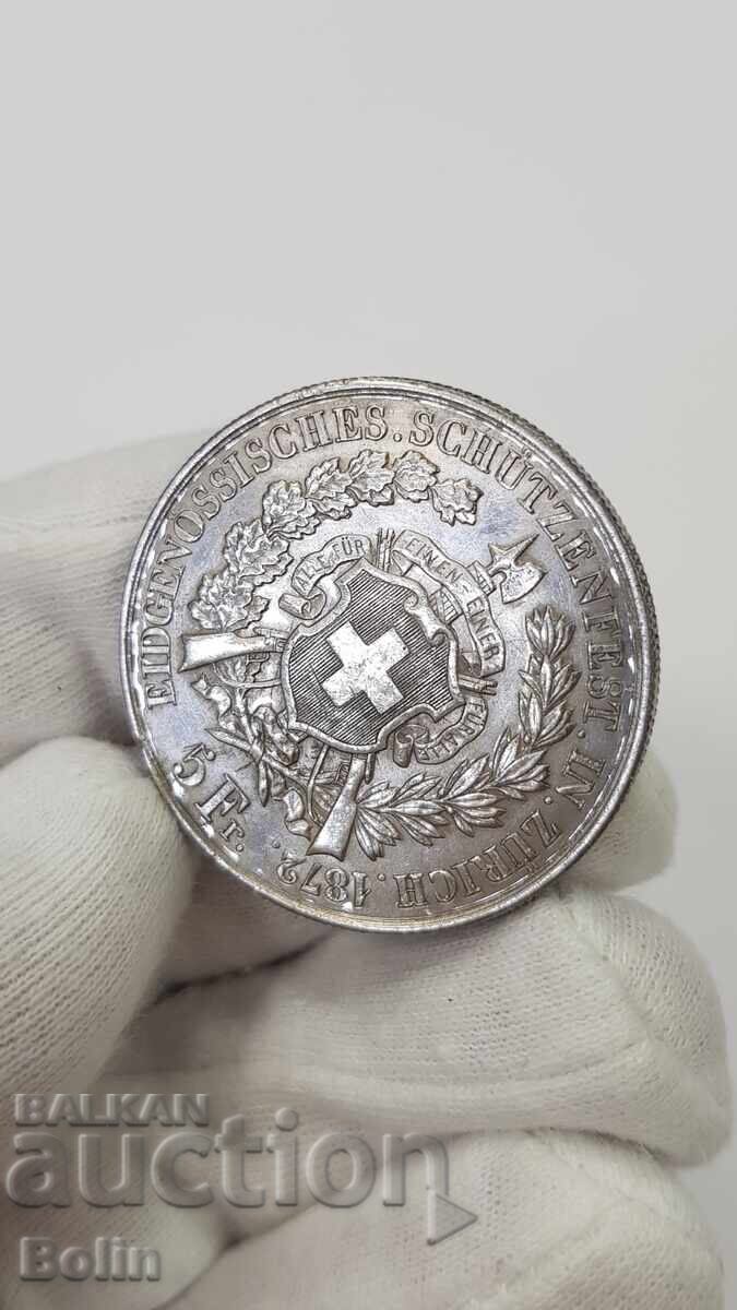 Very rare silver coin 5 Francs Switzerland 1872 with price 260.00 BGN | € 132.94
