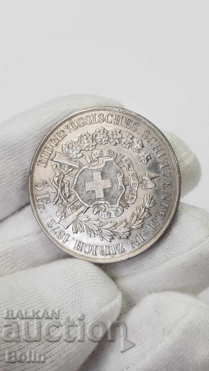 Very rare silver coin 5 Francs Switzerland 1872 - 7