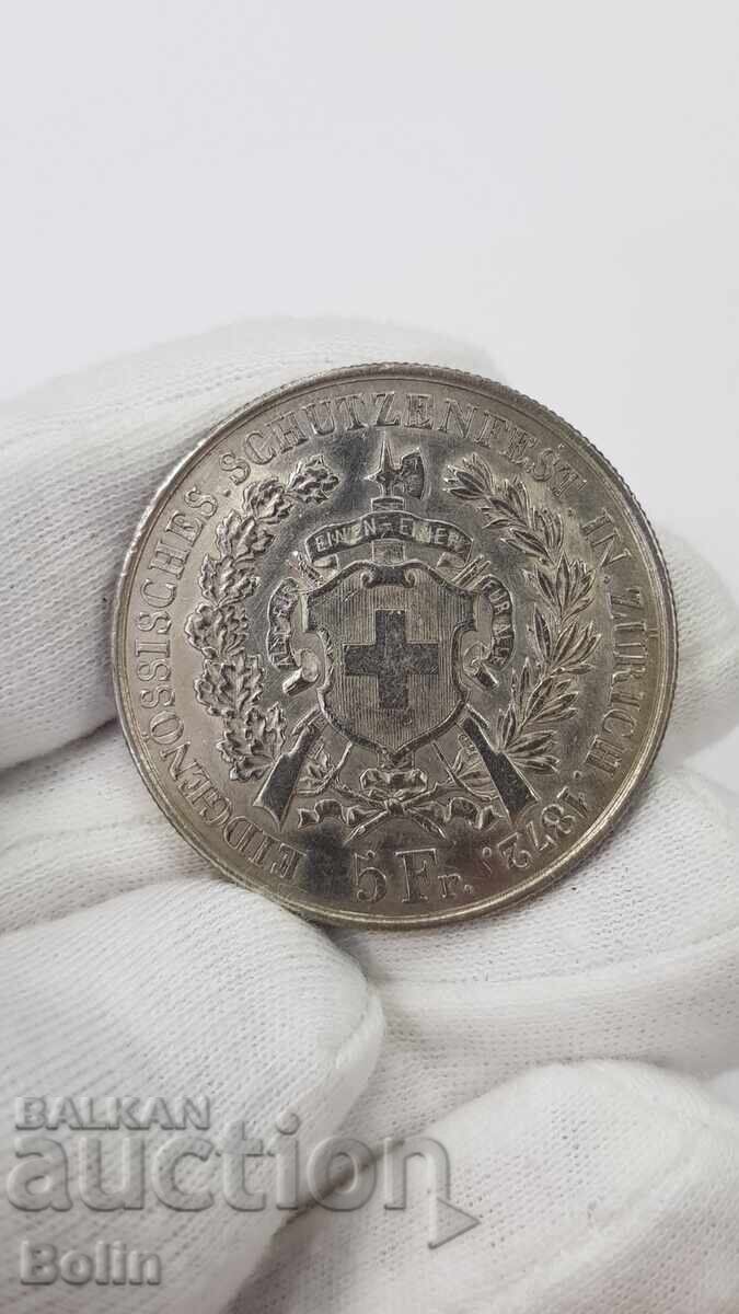 Very rare silver coin 5 Francs Switzerland 1872
