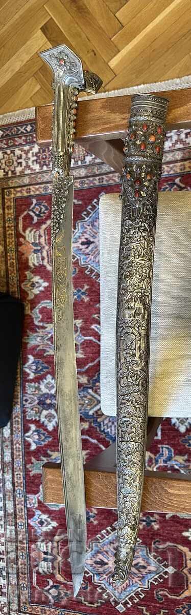 OTTOMAN YATAGAN SILVER SABER CORAL GOLD DAGGER KNIFE 1812