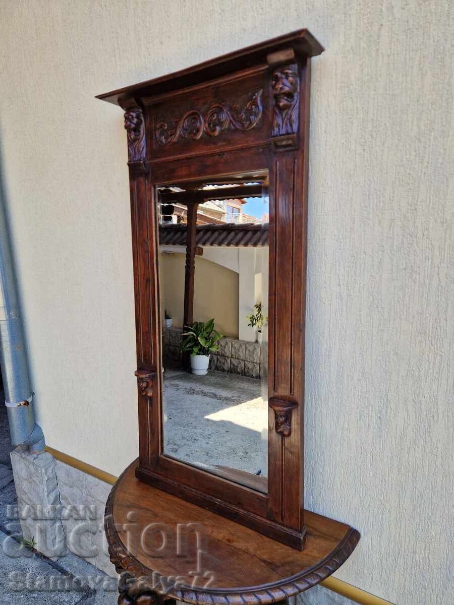 Livrarea Mare oglindă antică englezească, masivă, cu sculptură în lemn