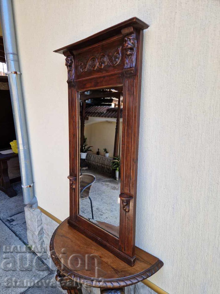 Mare oglindă antică englezească, masivă, cu sculptură în lemn - 5