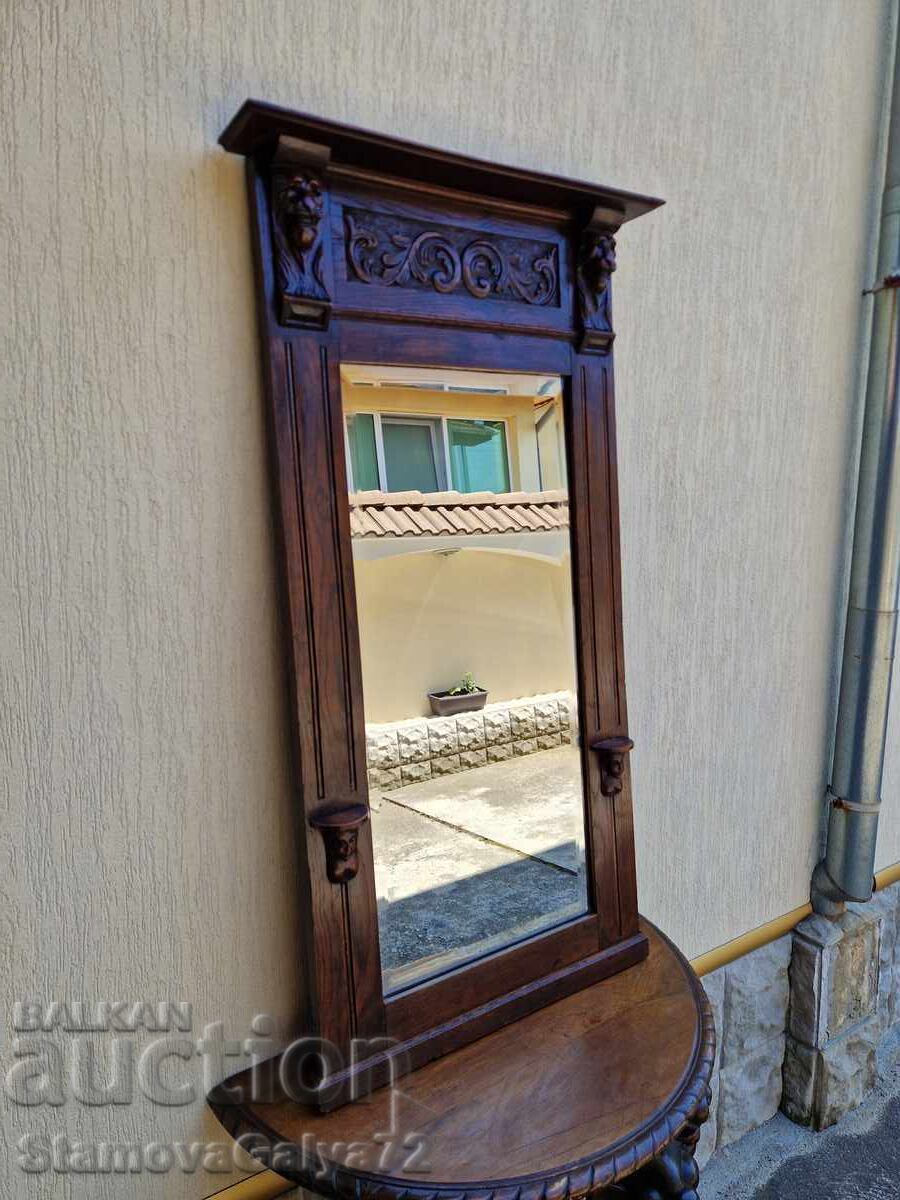 Mare oglindă antică englezească, masivă, cu sculptură în lemn