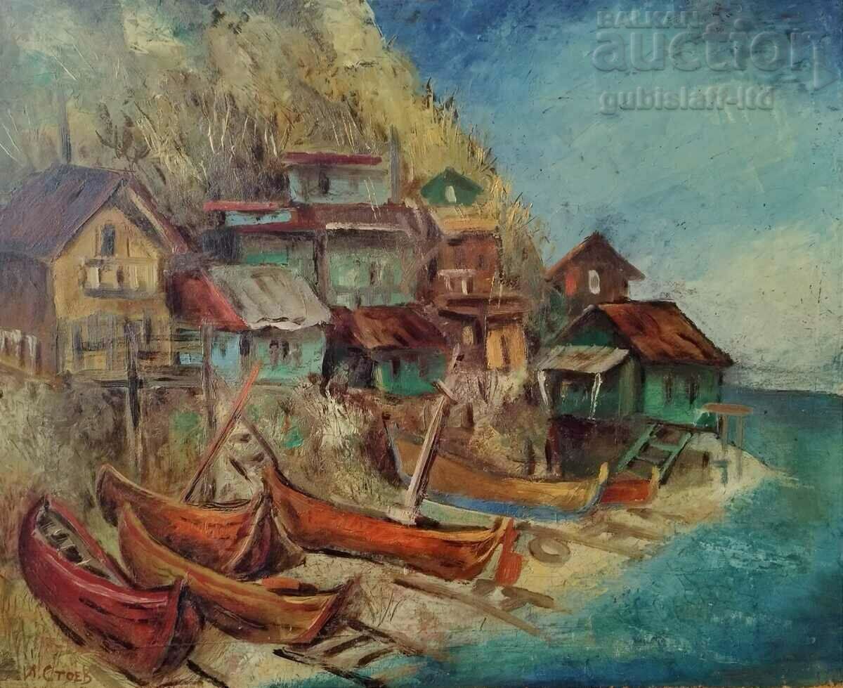Tabloul „Kavarna, satul de pescari”, artist I. Stoev, anii 1980