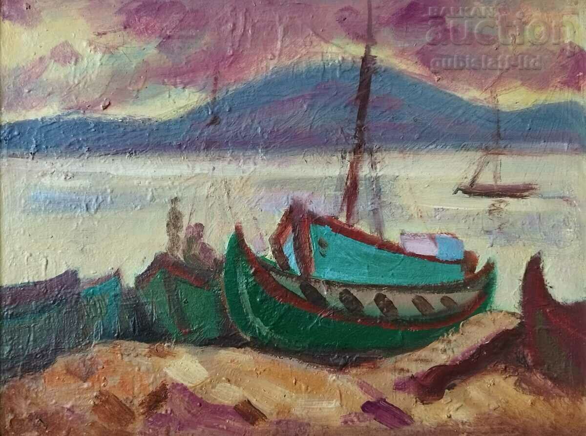 Picture, sea, boats, art. Boris Kraev, 1980s with price 140.00 BGN | € 71.58