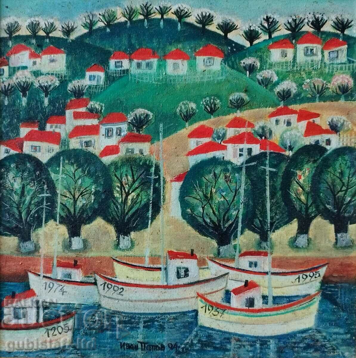 Picture, "Settlement by the sea", art. Ivan Popov, 1994 with price € 400.00 | 782.33 BGN