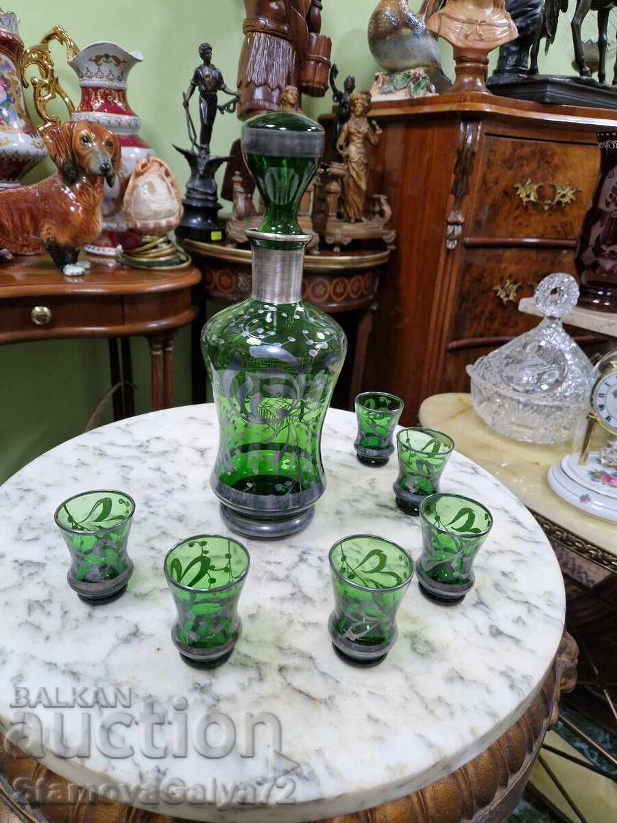 Auction  Unique Italian green glass service with silver