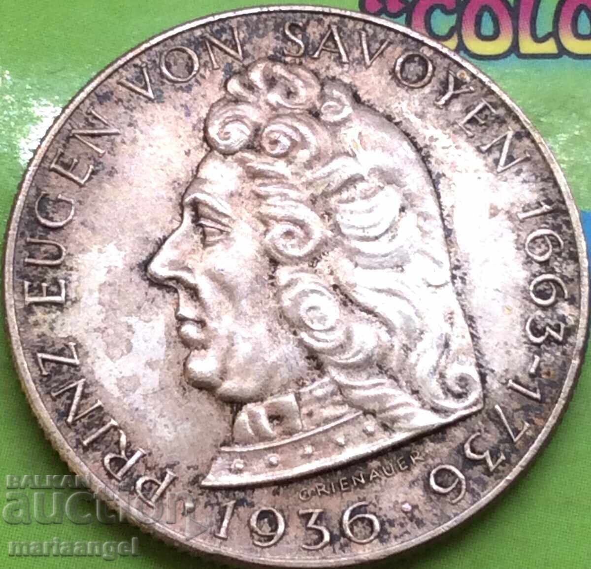 2 Shillings 1936 Austria Eugene of Savoy Silver Patina
