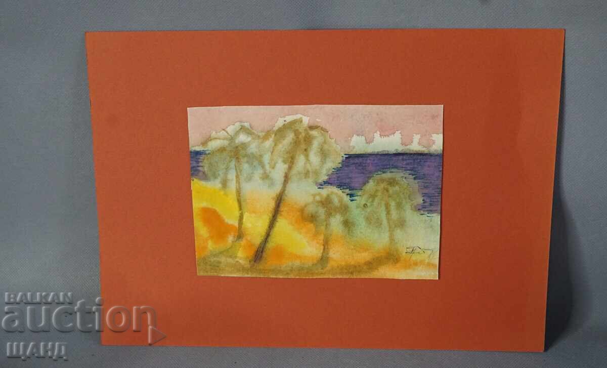 Παλιά Μαεστρική ζωγραφιά ακουαρέλα πίνακας τοπίο δέντρα