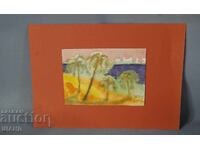 Стара Майсторска рисунка акварел картина пейзаж дървета