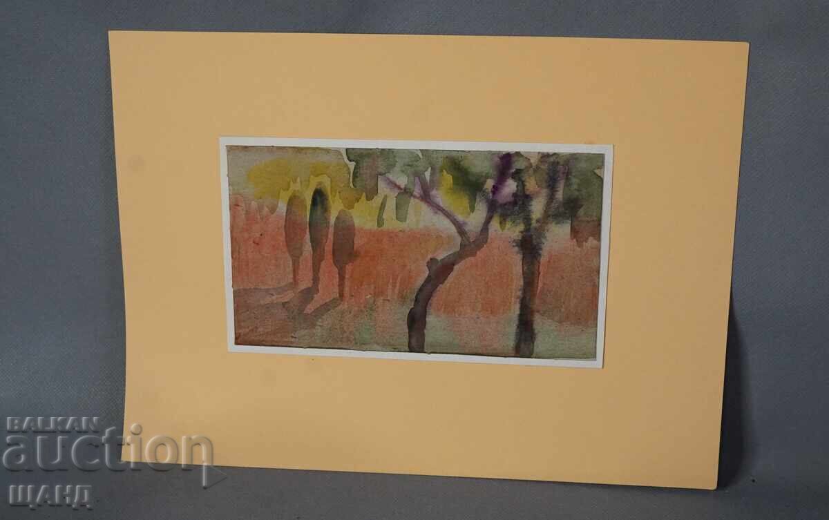 Παλιά Μαεστρική ζωγραφιά ακουαρέλα πίνακας τοπίο δέντρα