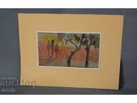 Παλιά Μαεστρική ζωγραφιά ακουαρέλα πίνακας τοπίο δέντρα