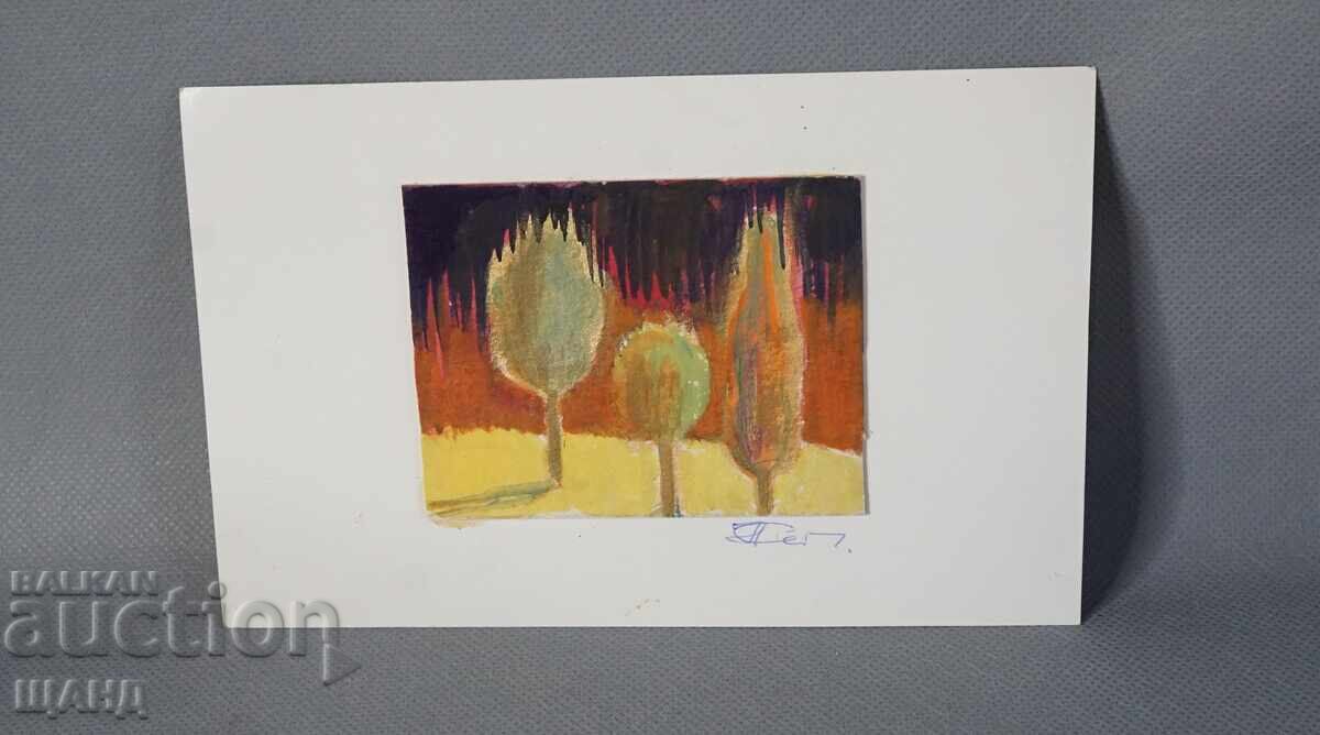 Παλιά Μαεστρική ζωγραφιά ακουαρέλα πίνακας τοπίο δέντρα