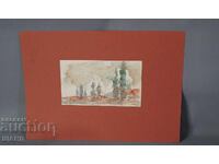 Стара Майсторска рисунка акварел картина пейзаж дървета