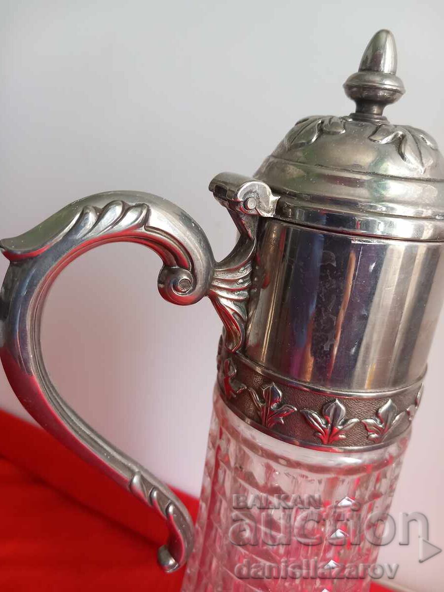 Old Crystal Pitcher, Carafe, Silver Plated - 5