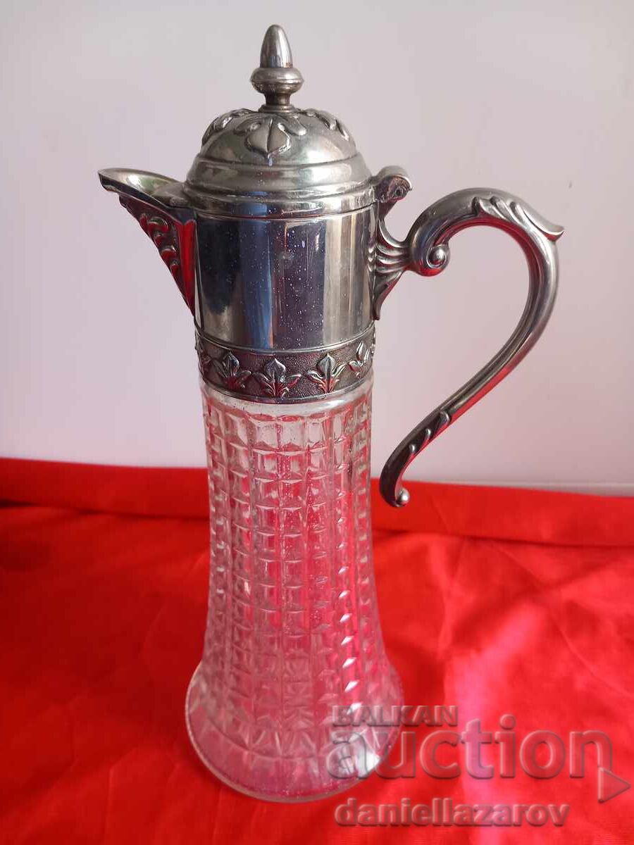 Old Crystal Pitcher, Carafe, Silver Plated - 6