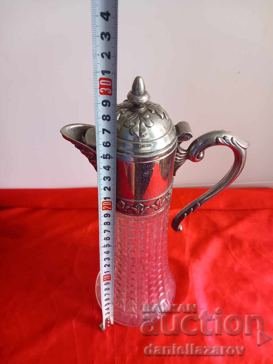 Old Crystal Pitcher, Carafe, Silver Plated - 7
