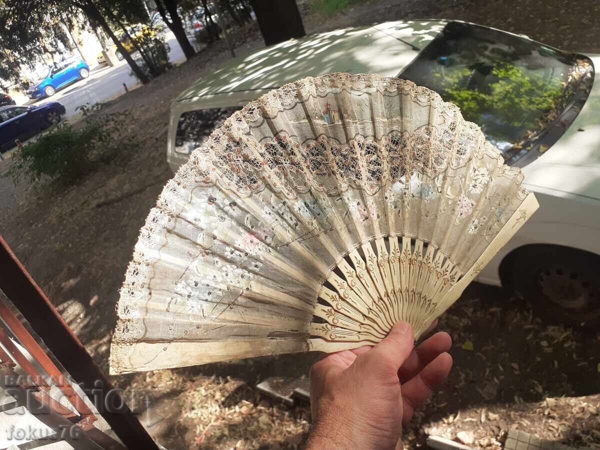 Антикварно дамско ветрило от кост и коприна 19 век
