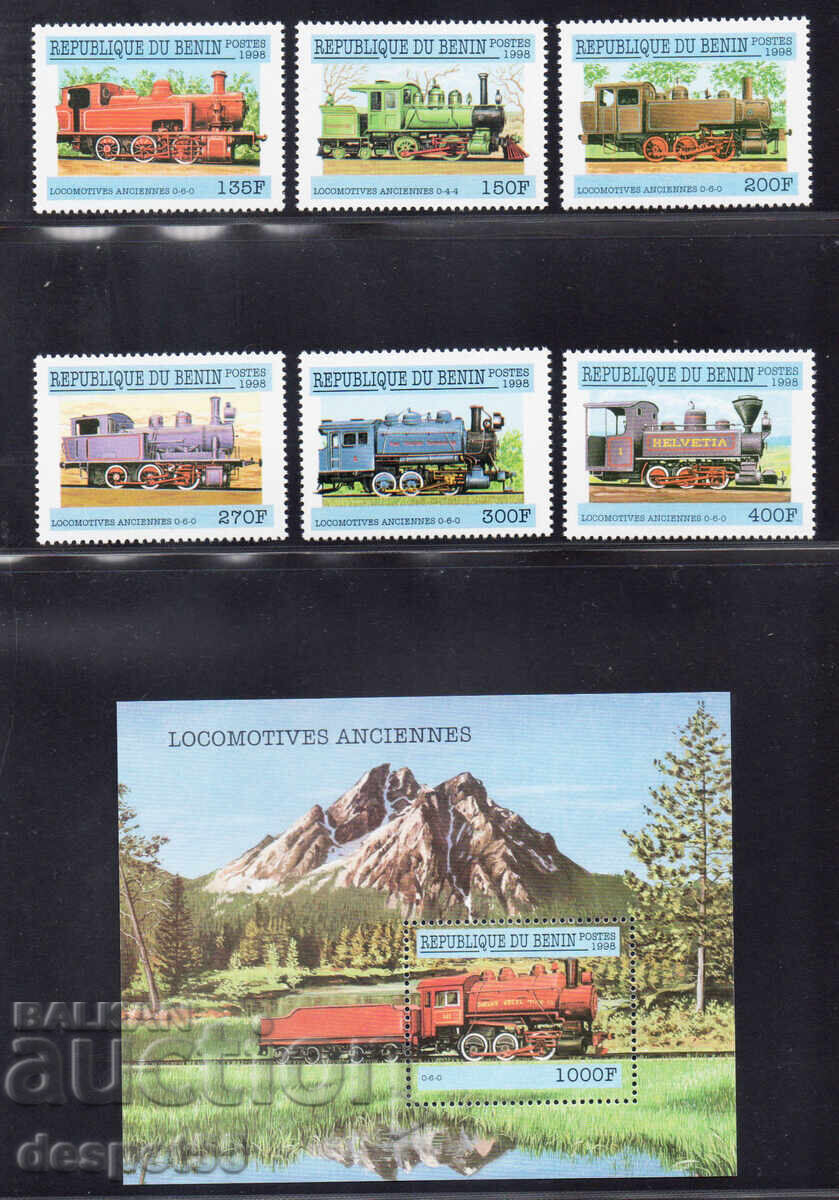 1998. Μπενίν. Ατμομηχανές τρένων + Μπλοκ 1998. Μπενίν. Ατμομηχανές τρένων + Μπλοκ