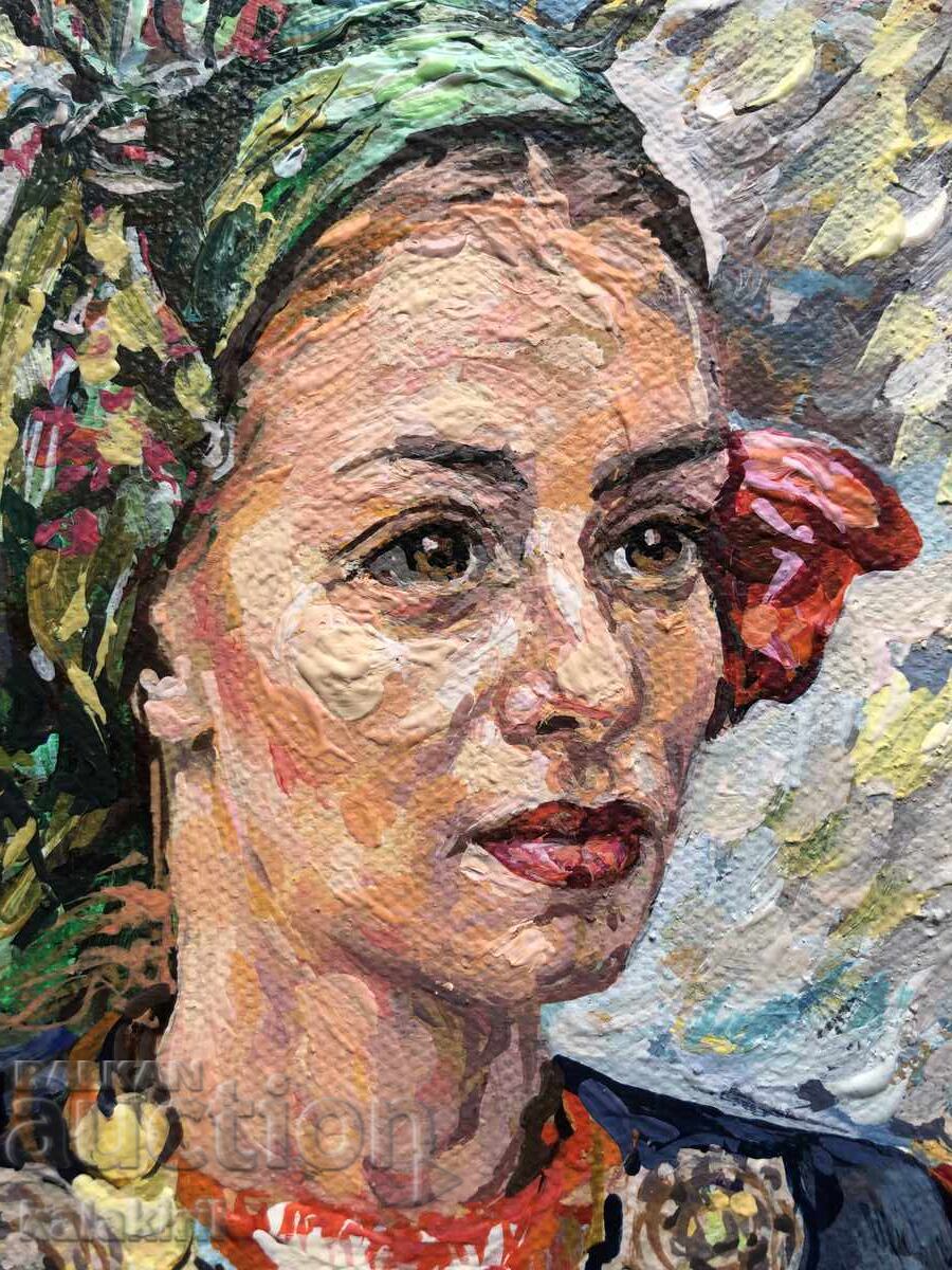 Bulgarian woman with coins and a rose with price 300.00 BGN | € 153.39