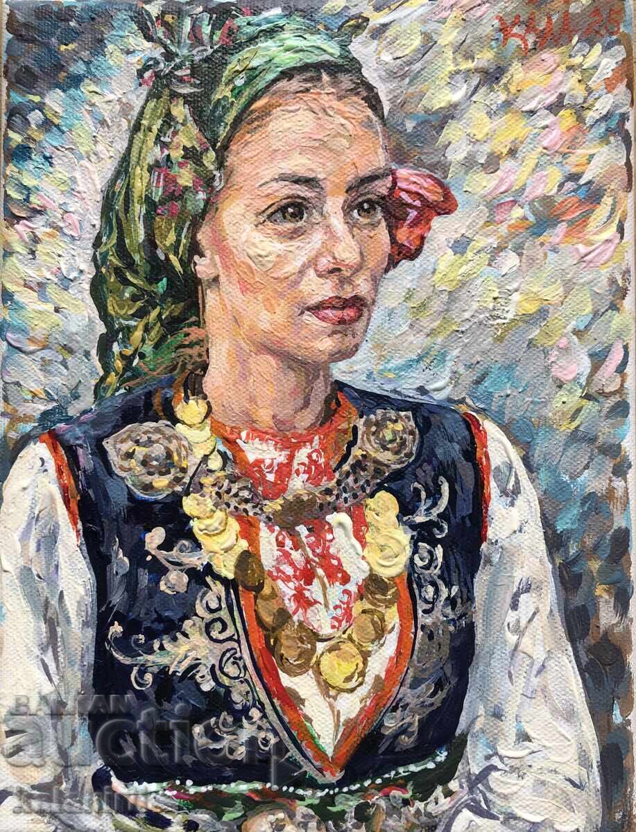 Bulgarian woman with coins and a rose