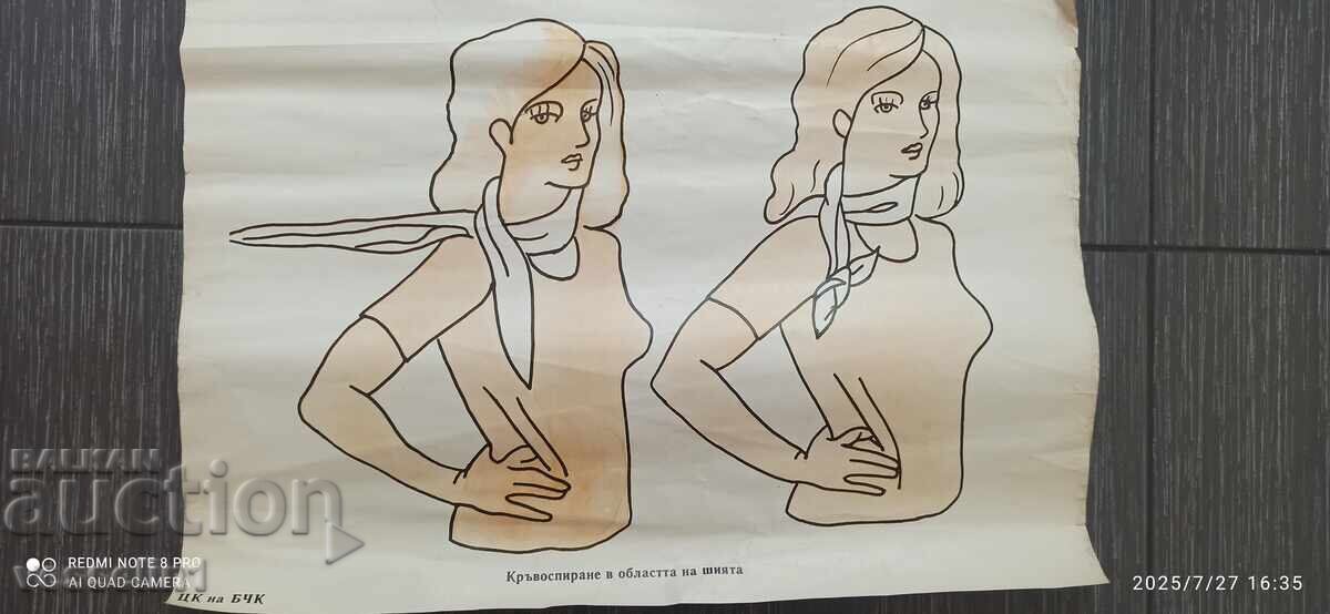 Old educational poster from the Bulgarian Red Cross on stopping bleeding in the neck area Old educational poster from the Bulgarian Red Cross on stopping bleeding in the neck area