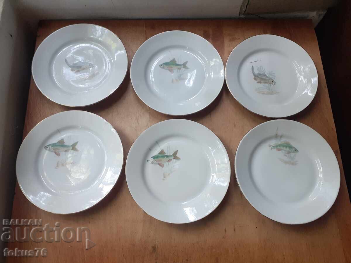 Set de farfurii - porțelan bulgăresc - 6 buc. cu farfurie cu pești