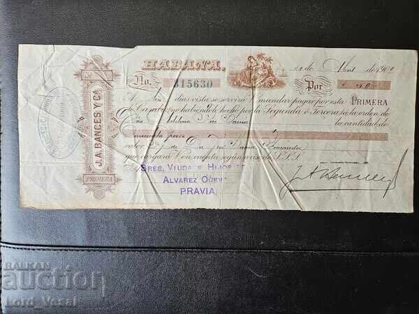Havana, Cuba Check J. A. Bances Y Ca. 1909