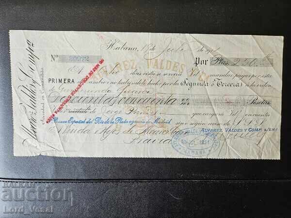 Havana, Cuba Check Alvarez, Valdes Y Ca. 1911 Havana, Cuba Check Alvarez, Valdes Y Ca. 1911