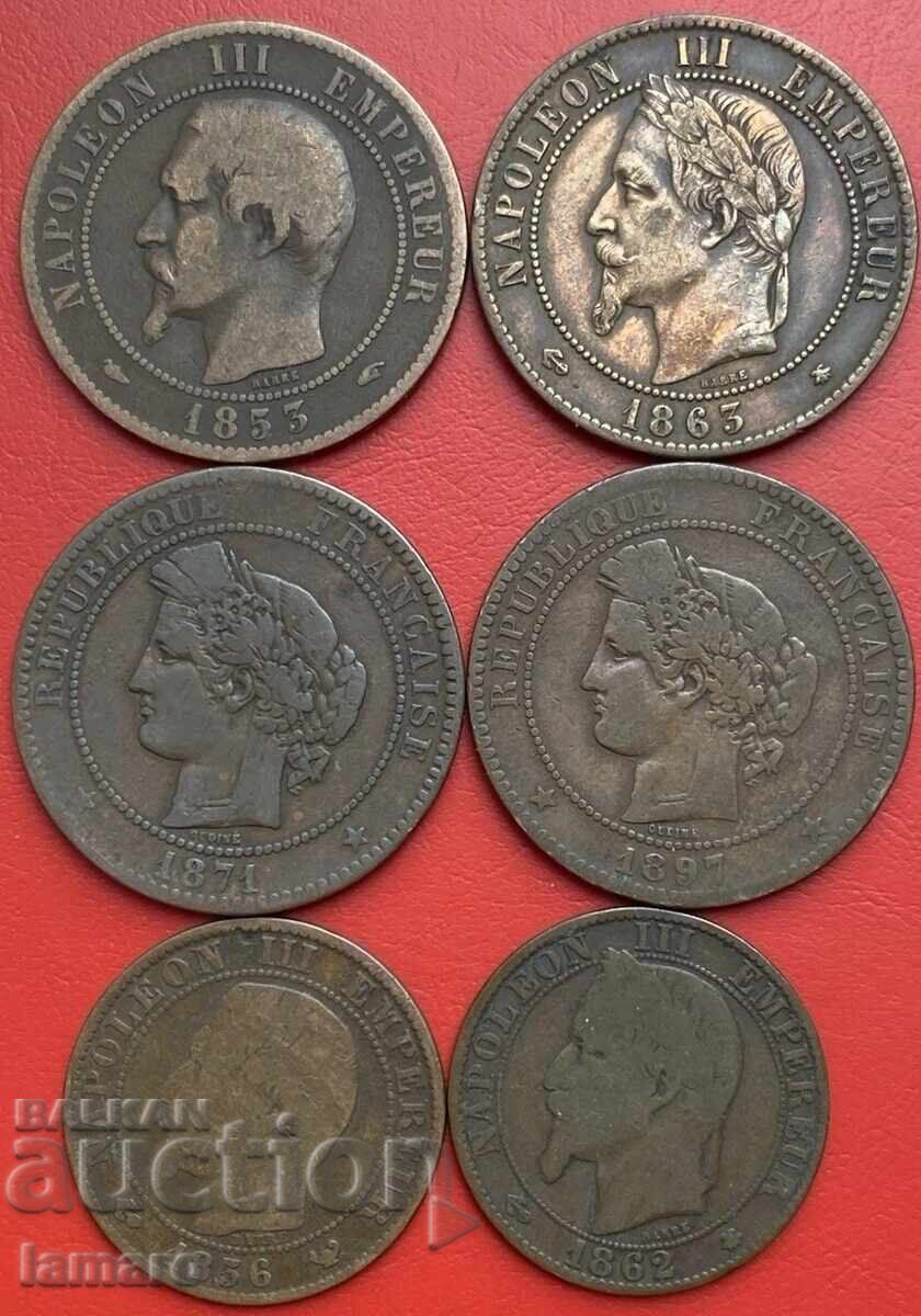 Γαλλικά νομίσματα 6 τεμάχια 10 Centimes 1853 1863 1871 1897 5 Cent Γαλλικά νομίσματα 6 τεμάχια 10 Centimes 1853 1863 1871 1897 5 Cent