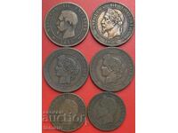 Monede franceze 6 bucăți 10 Centimes 1853 1863 1871 1897 5 Cent