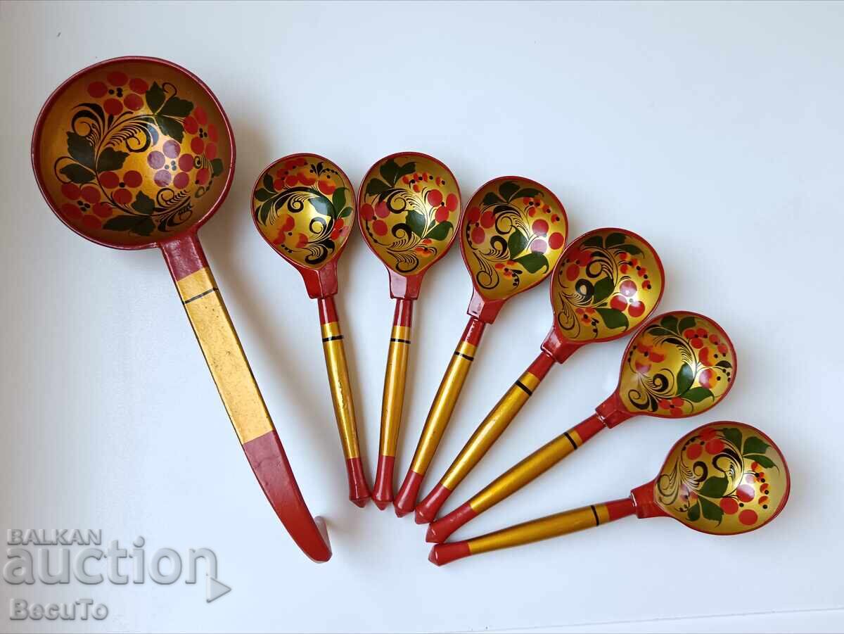 Russian wooden Khokhloma spoons, excellent condition - 5