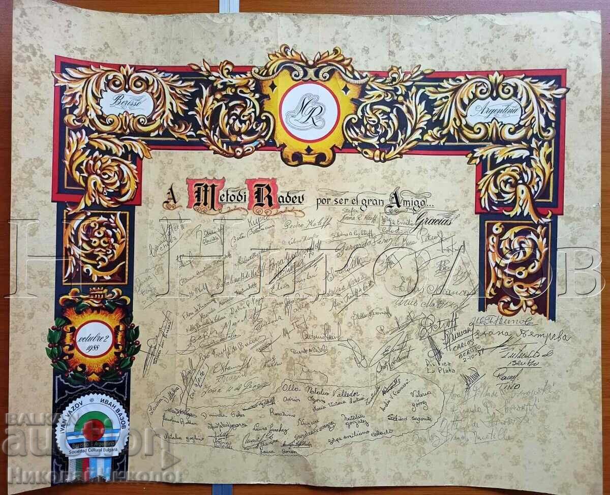 Honorary Address M. Radev Bulgarian Cultural Society I. Vazov Argentina