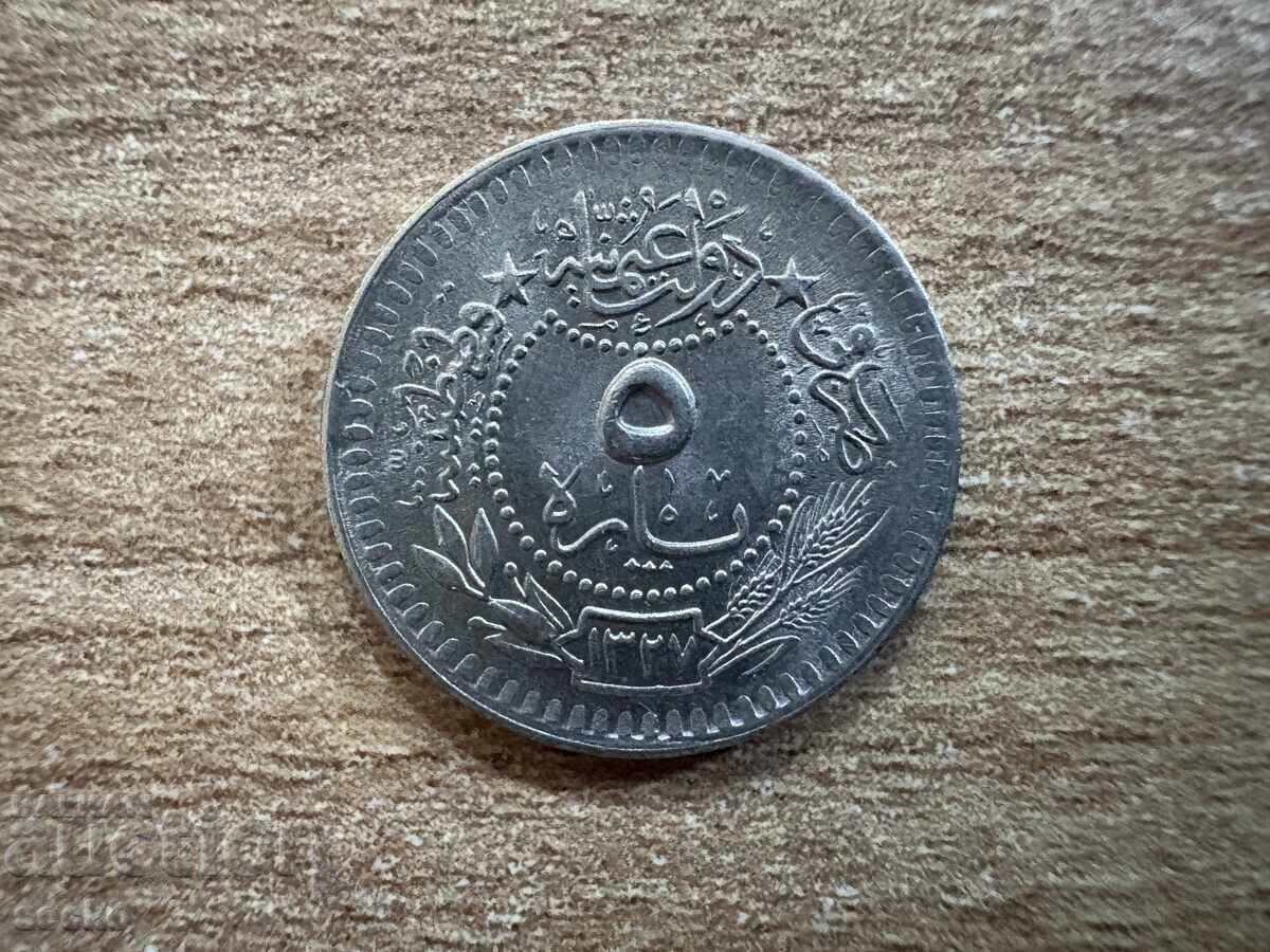 Τουρκία - 5 pari (1909) - "Reshat" στα δεξιά του tughrat - "٥" Τουρκία - 5 pari (1909) - "Reshat" στα δεξιά του tughrat - "٥"