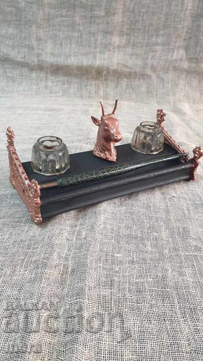 Old antique inkwell made of metal, wood and crystal with price 70.00 BGN | € 35.79