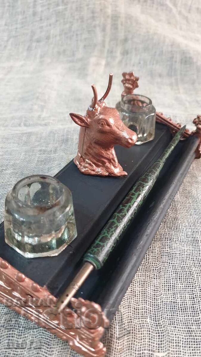 Auction  Old antique inkwell made of metal, wood and crystal