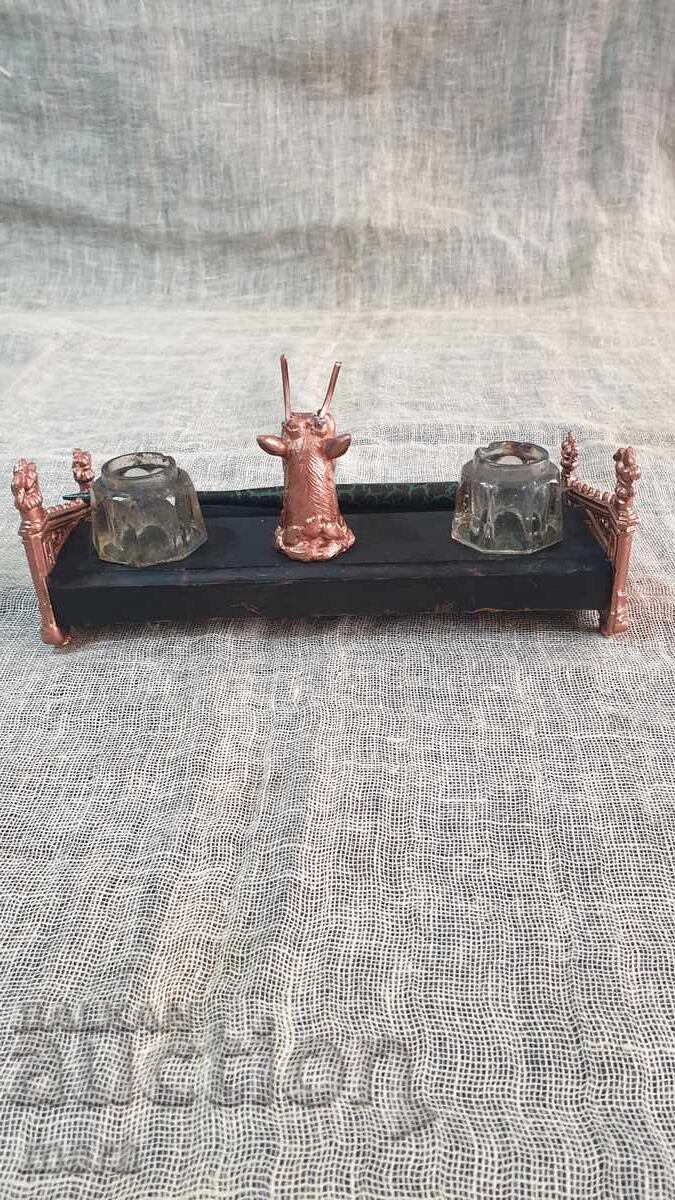Delivery of Old antique inkwell made of metal, wood and crystal